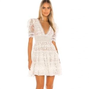 Bronx and Banco Megan Short-Sleeve Lace V-Neck Tiered Mini Dress